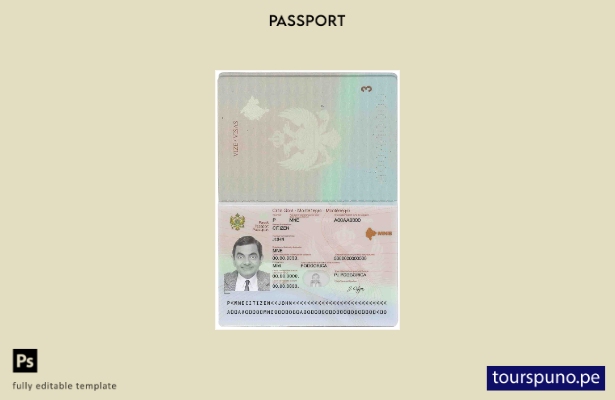 Plantilla de pasaporte de Montenegro lista para imprimir
